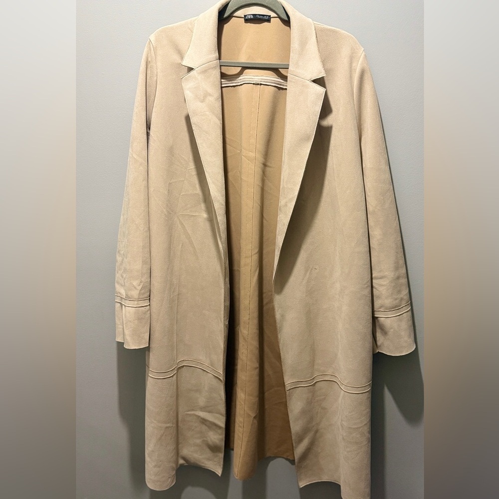 ZARA Women’s Long Sleeve Open Front Long Faux Suede Jacket - Tan - Picture 2 of 11